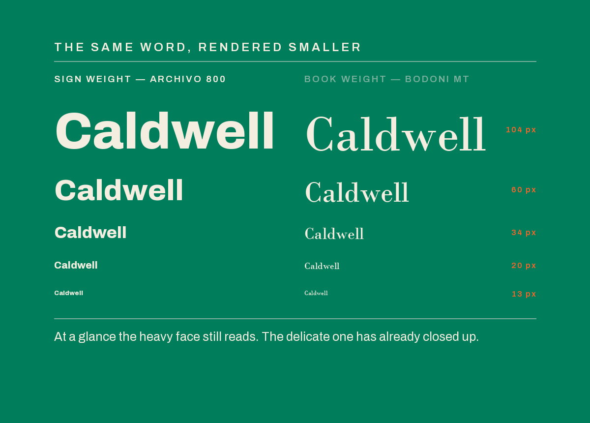 The same word rendered smaller and smaller. The heavy sign weight holds. The thin book face closes up and disappears.